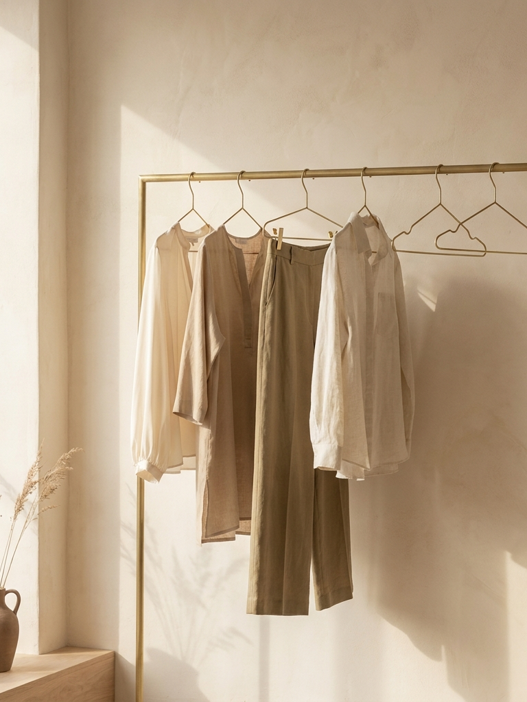 ELEGA — Dernières tailles : portant en laiton avec les dernières pièces en lin, tons crème et kaki