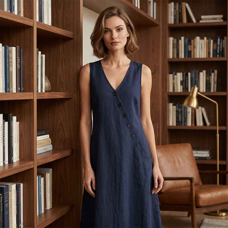 LOUISON | Robe longue en coton-lin à poches, boutons asymétriques