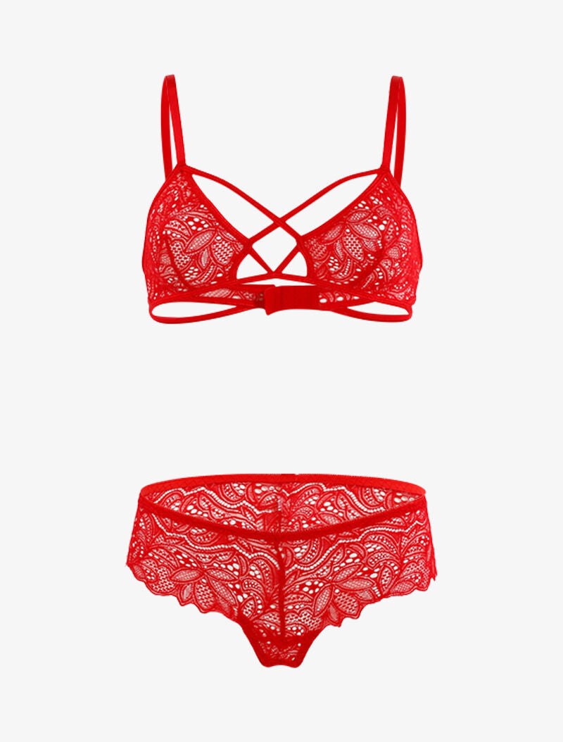 FANNY | Ensemble lace en dentelle ajourée - rouge - rouge