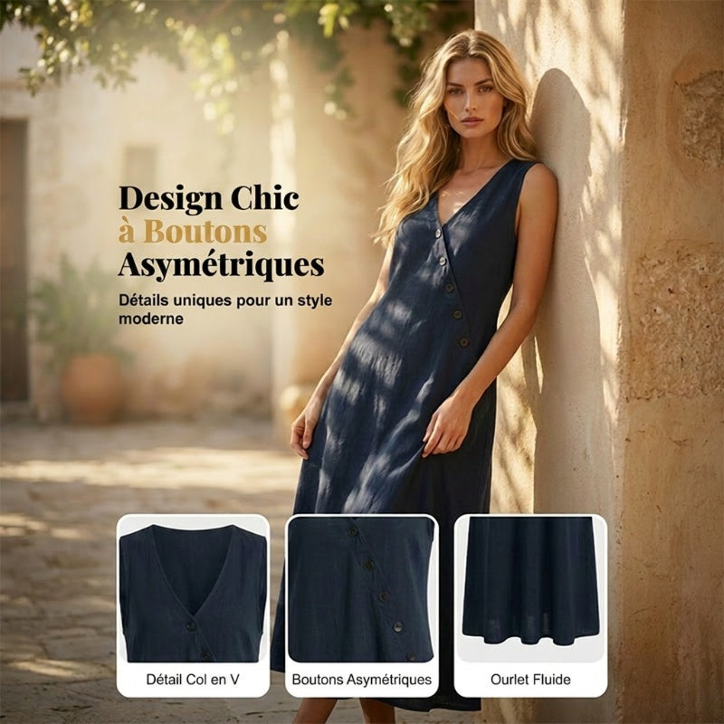 LOUISON | Robe longue en coton-lin à poches, boutons asymétriques