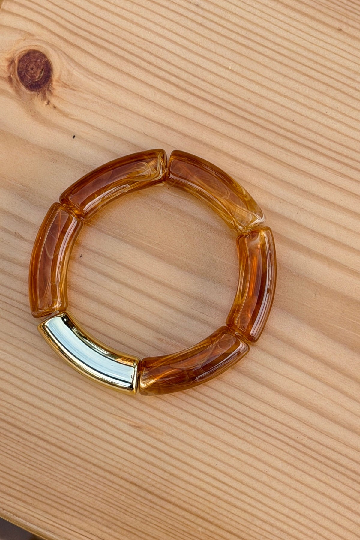 ÉLÉNA | Pulsera elástica estilo aro de cuentas de acetato marrón carey y doradas