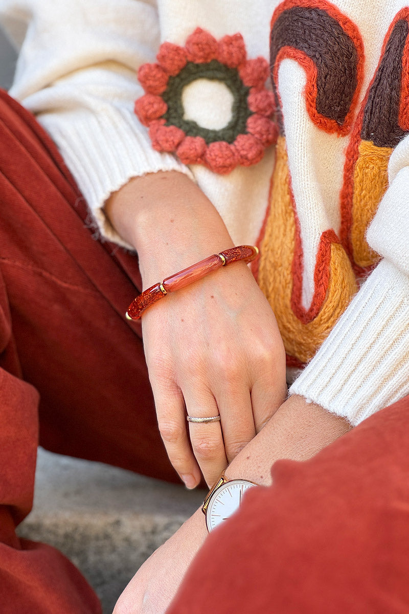 CAPUCINE | Pulsera elástica estilo aro de cuentas finas de acetato marmoleado terracota con purpurina