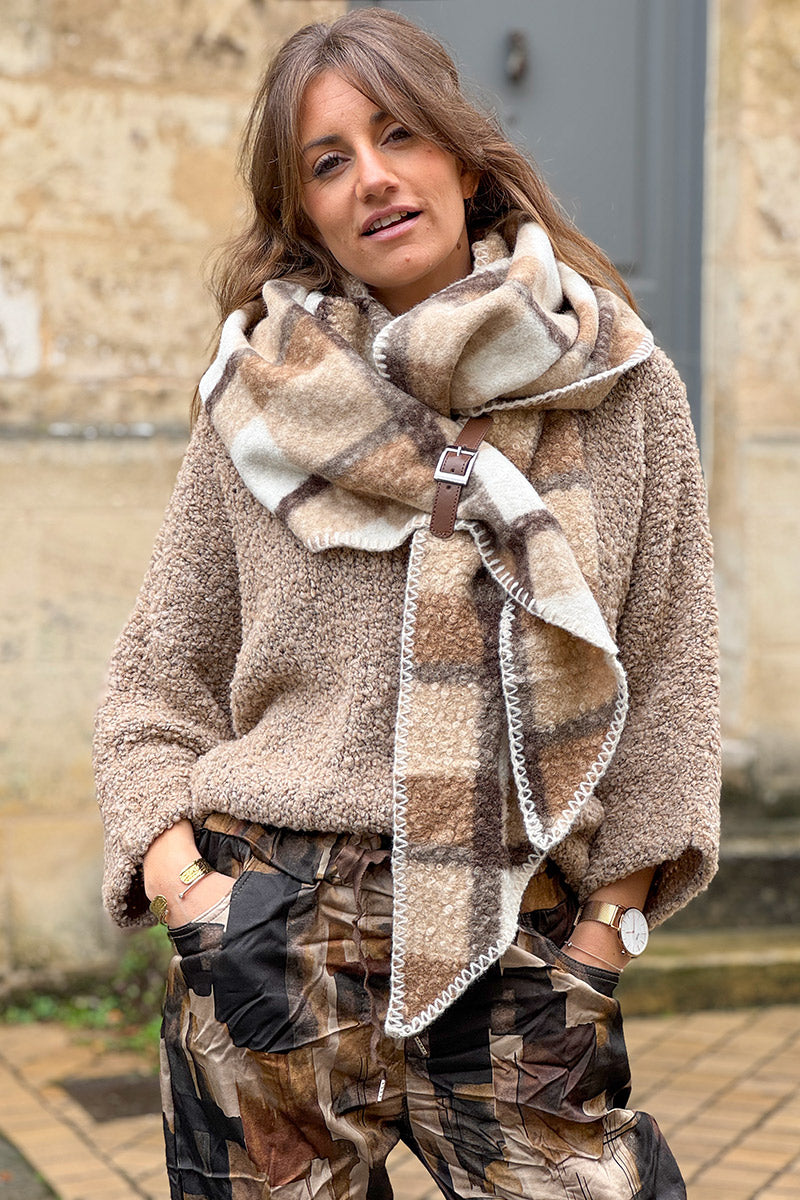 AXELLE | Bufanda suave de rizo de cuadros camel
