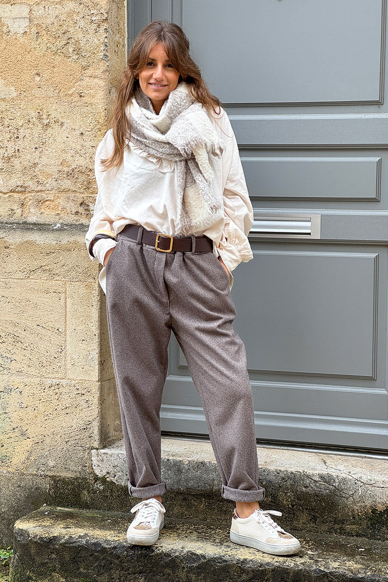 CAMILLE | Bufanda suave de rizo de cuadros crudo y beige