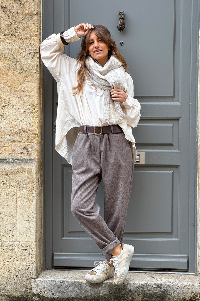 CAMILLE | Bufanda suave de rizo de cuadros crudo y beige