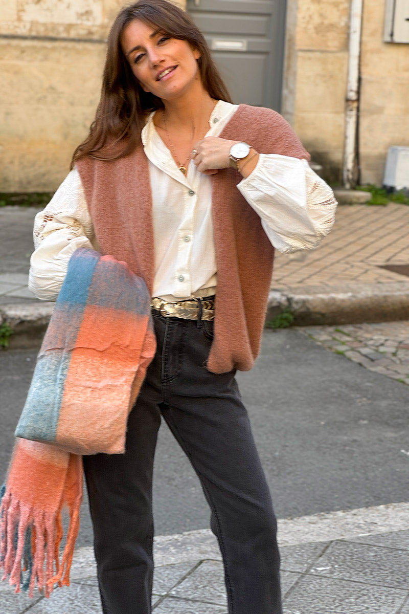 ARIANE | Bufanda supersuave de cuadros pastel rosa palo y azul con flecos