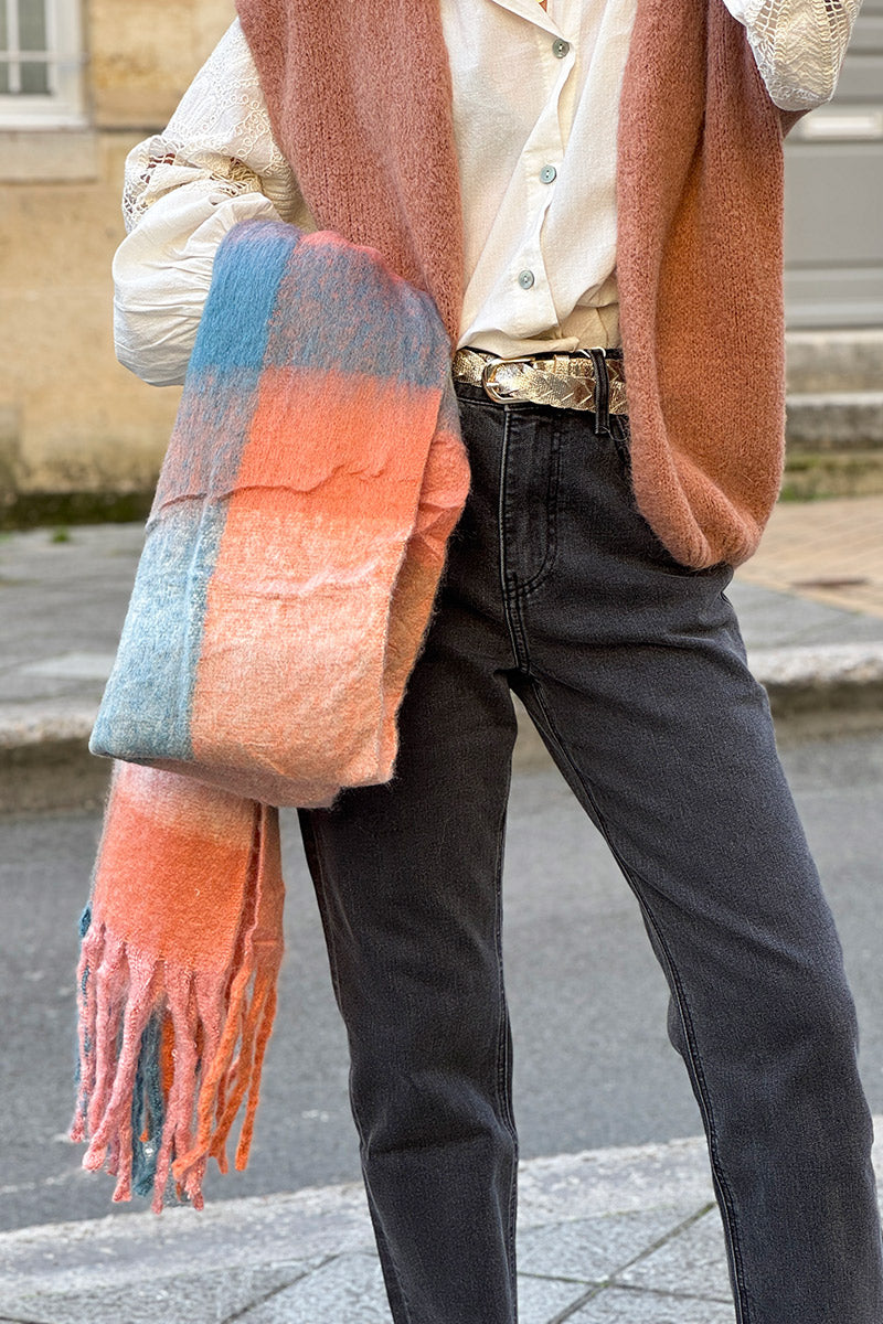 ARIANE | Bufanda supersuave de cuadros pastel rosa palo y azul con flecos