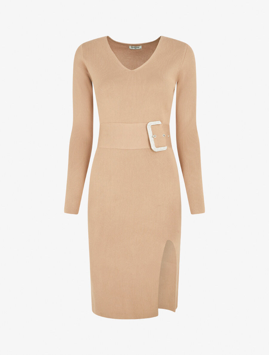CLIO | Vestido jersey con cinturón de pedrería en trampantojo - Camel