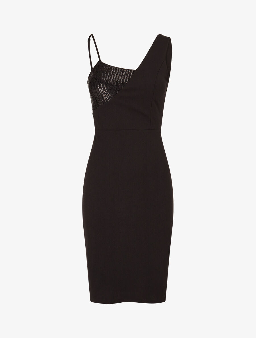 WANDA | Vestido ceñido con un lado incrustado de lentejuelas - Negro