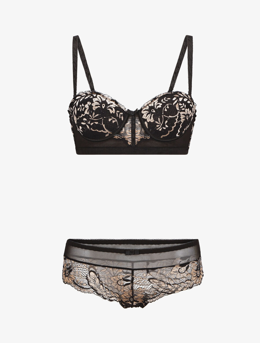 AXELLE | Ensemble push bicolore et shorty en dentelle - Noir