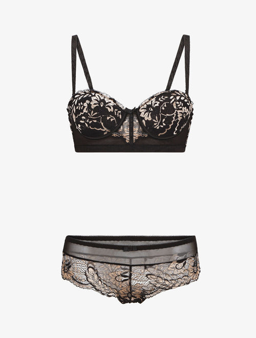 AXELLE | Ensemble push bicolore et shorty en dentelle - Noir