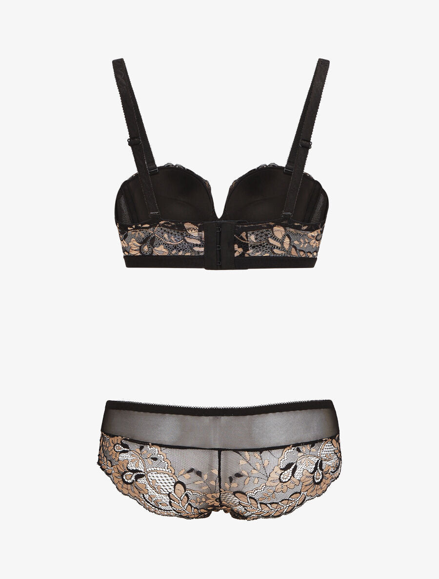 AXELLE | Ensemble push bicolore et shorty en dentelle - Noir