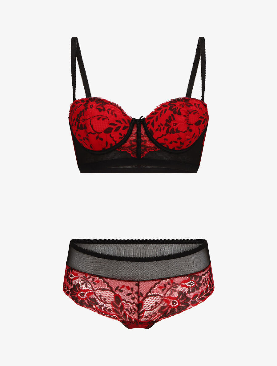 AXELLE | Ensemble push bicolore et shorty en dentelle - Rouge