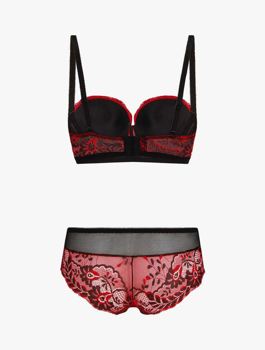 AXELLE | Ensemble push bicolore et shorty en dentelle - Rouge