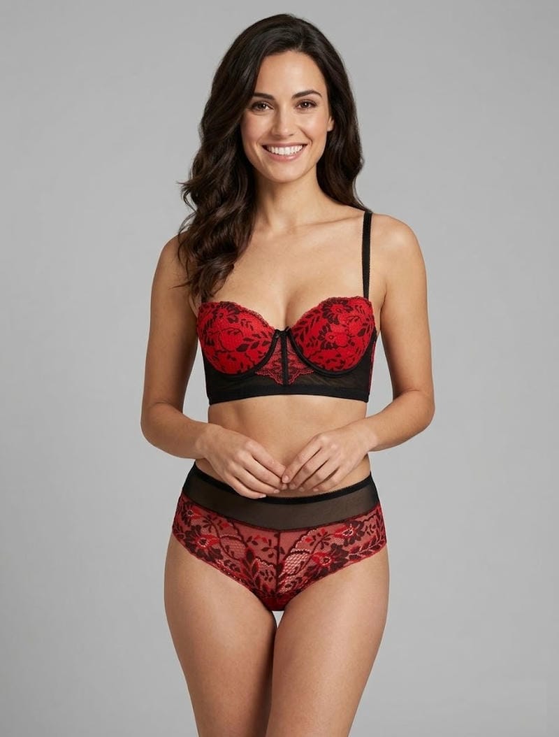 AXELLE | Ensemble push bicolore et shorty en dentelle - Rouge