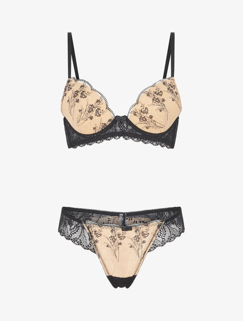 AMBRE | Ensemble soutien-gorge et tanga en dentelle irisée - Noir/beige