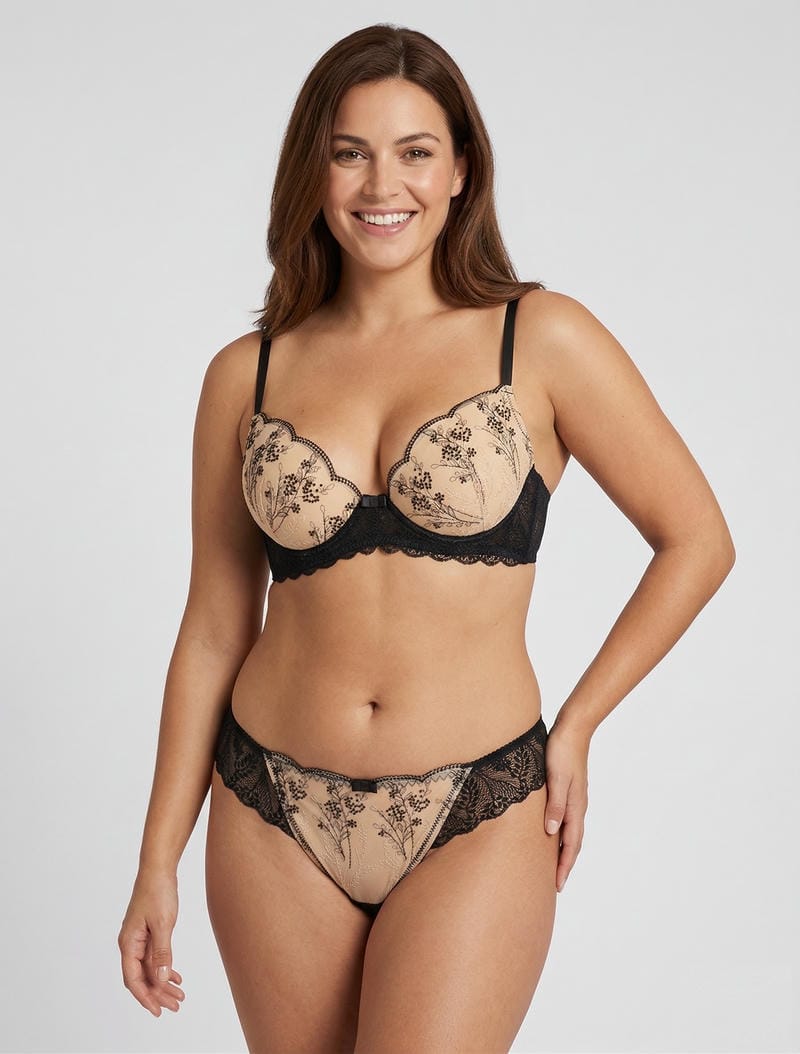 AMBRE | Ensemble soutien-gorge et tanga en dentelle irisée - Noir/beige