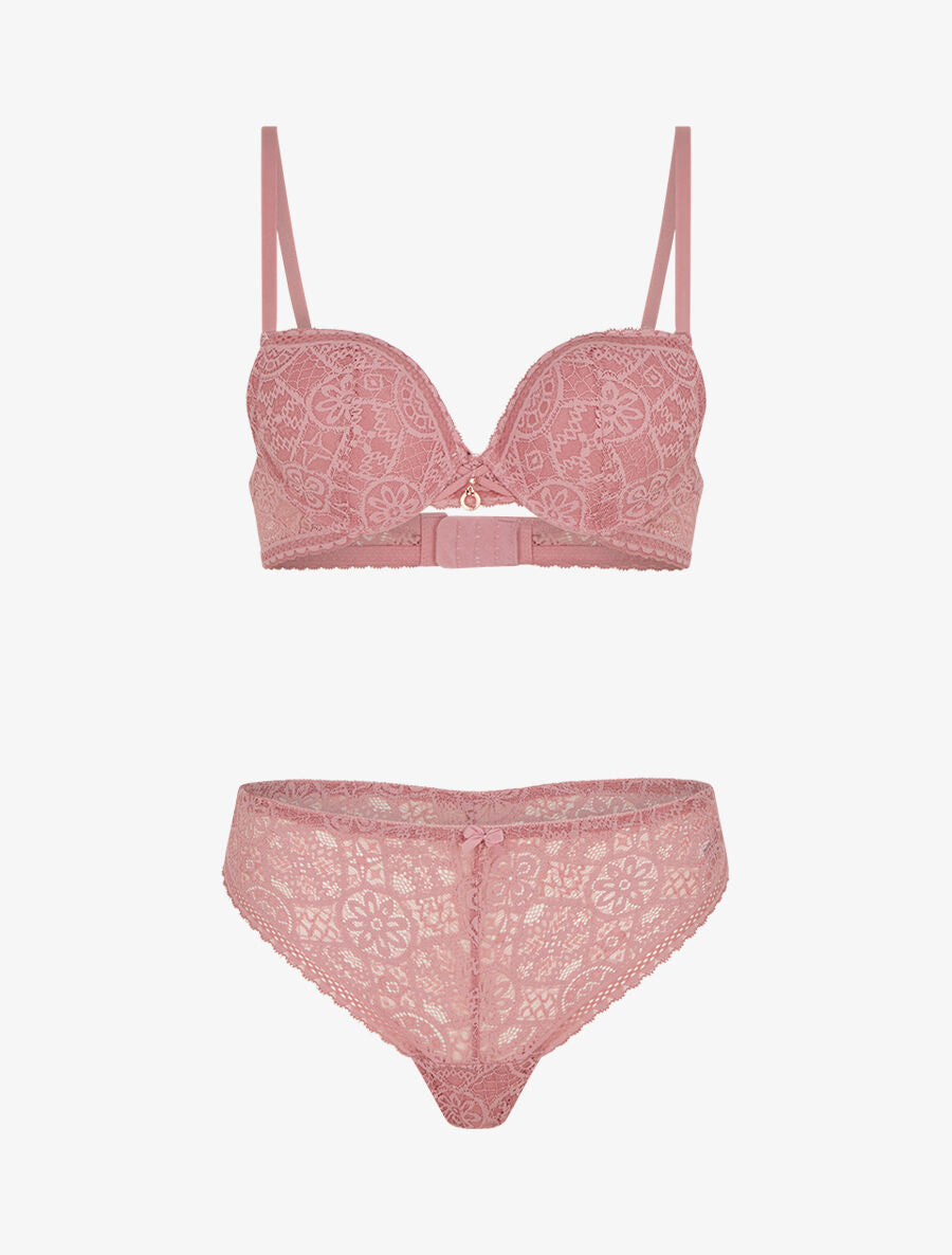 DAPHNÉ | Ensemble soutien-gorge et tanga ajouré et bijoux strassé - Vieux rose