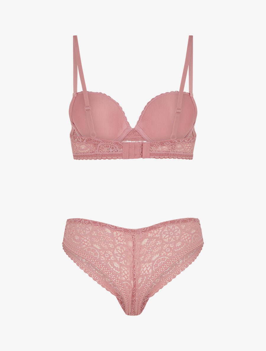DAPHNÉ | Ensemble soutien-gorge et tanga ajouré et bijoux strassé - Vieux rose
