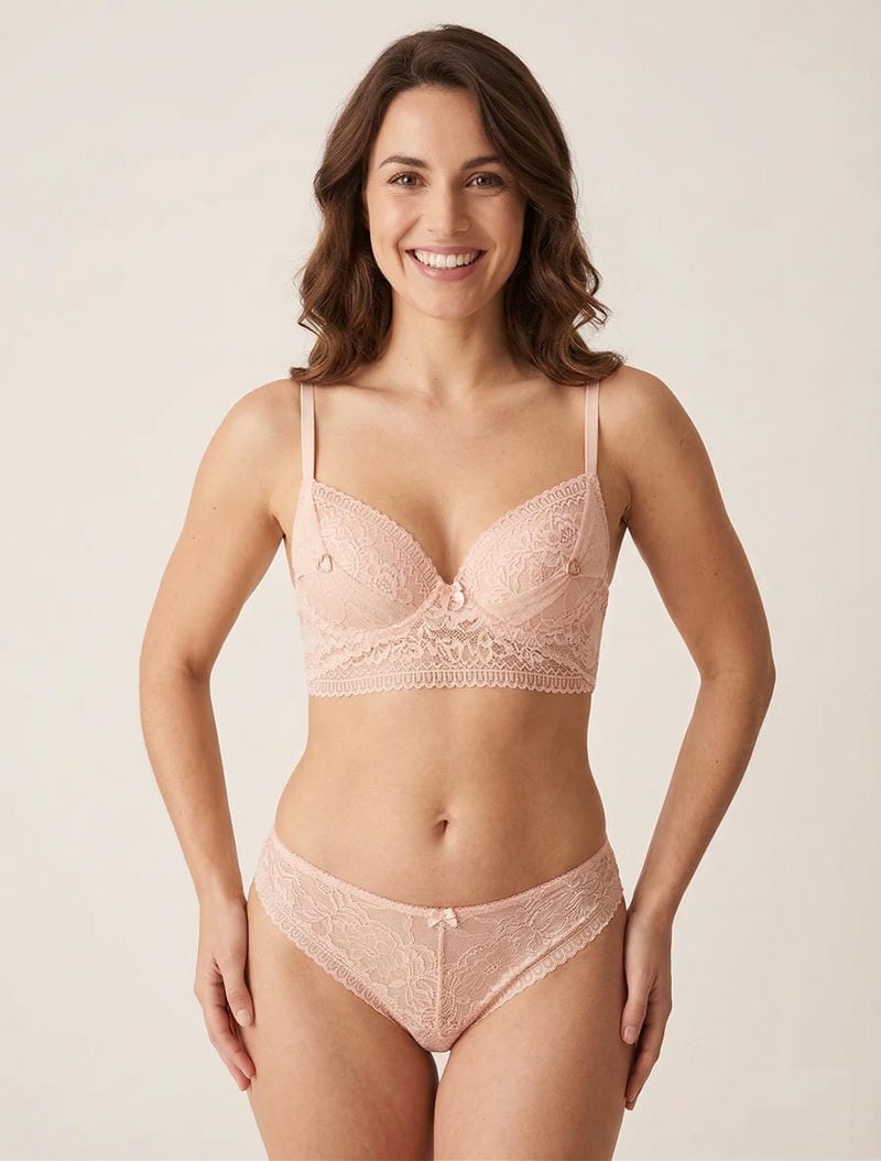 CORALIE | Ensemble soutien-gorge et tanga et bijoux coeurs - Rose saumon