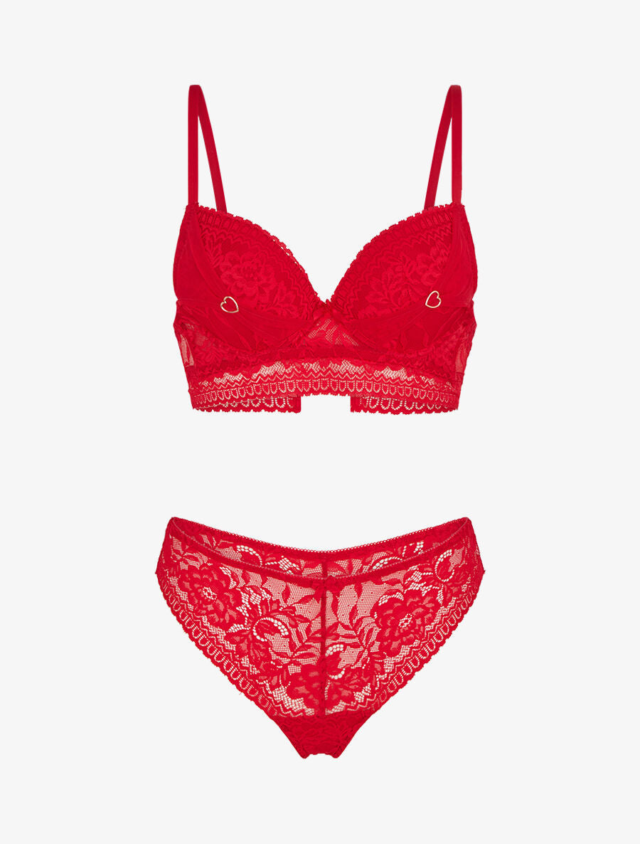 CORALIE | Ensemble soutien-gorge et tanga et bijoux coeurs - Rouge