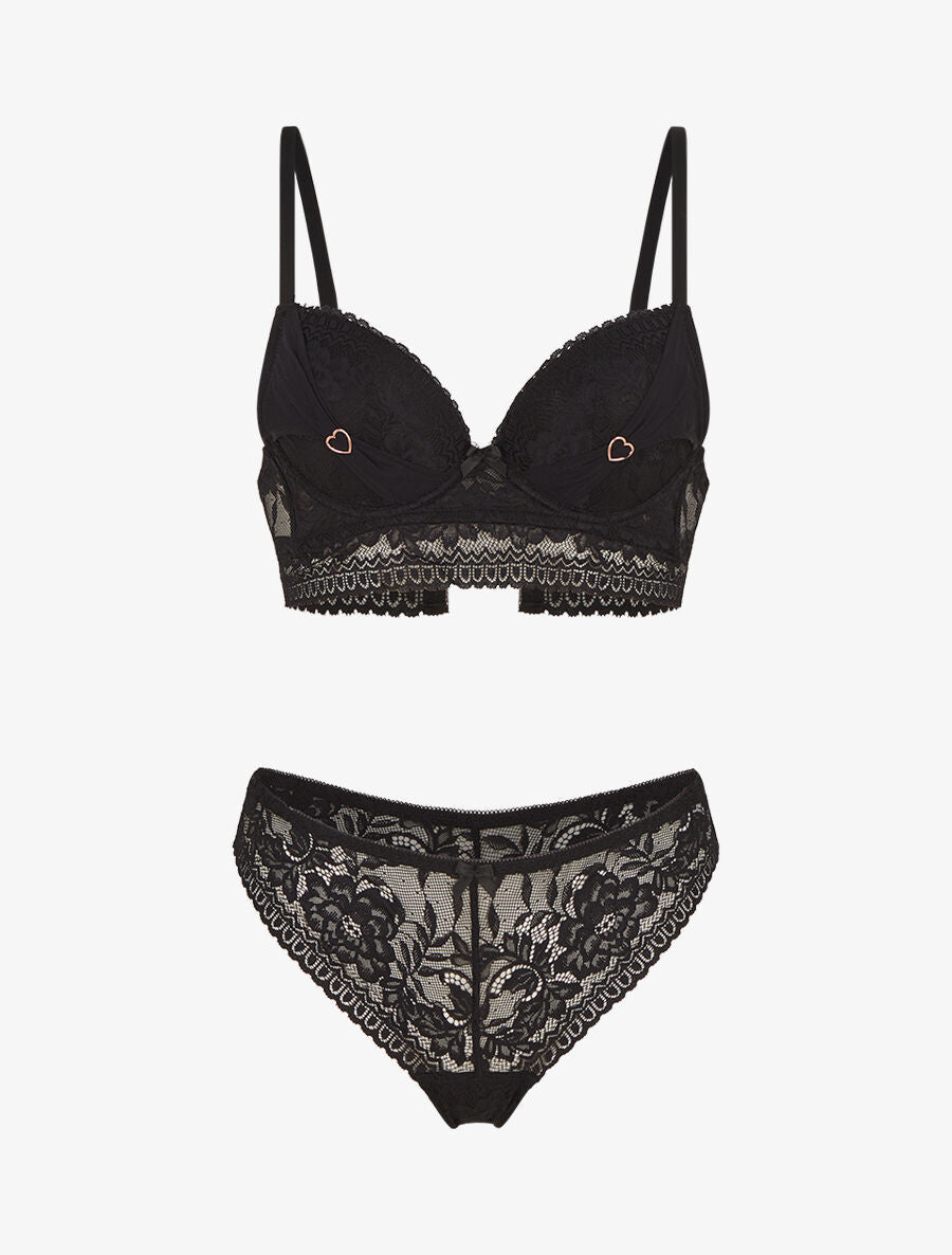CORALIE | Ensemble soutien-gorge et tanga et bijoux coeurs - Noir