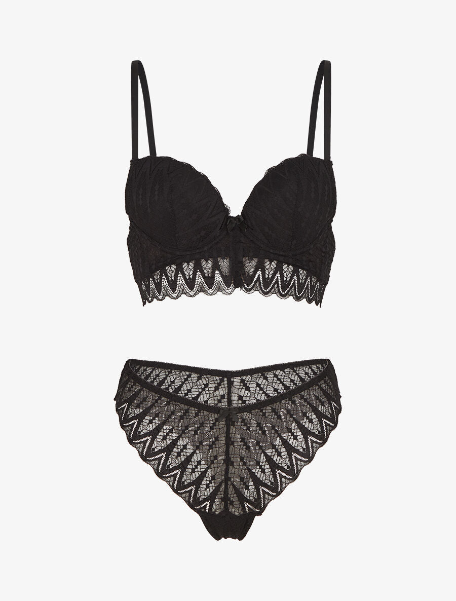 CLARISSE | Ensemble soutien-gorge et tanga en dentelle ajourée - Noir