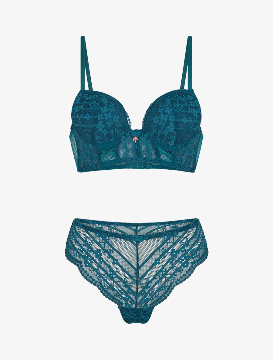 CHLOÉ | Ensemble soutien-gorge et tanga à bijoux arbre strassé - Bleu canard