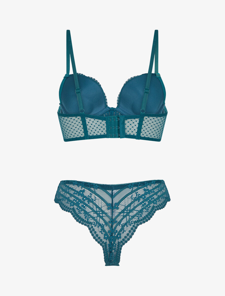 CHLOÉ | Ensemble soutien-gorge et tanga à bijoux arbre strassé - Bleu canard