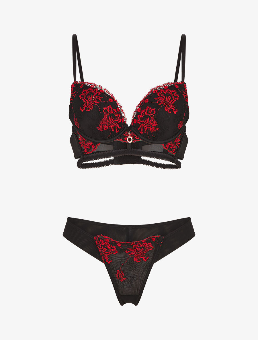 CARMEN | Ensemble soutien-gorge et tanga bicolore et bijoux strassé - Noir