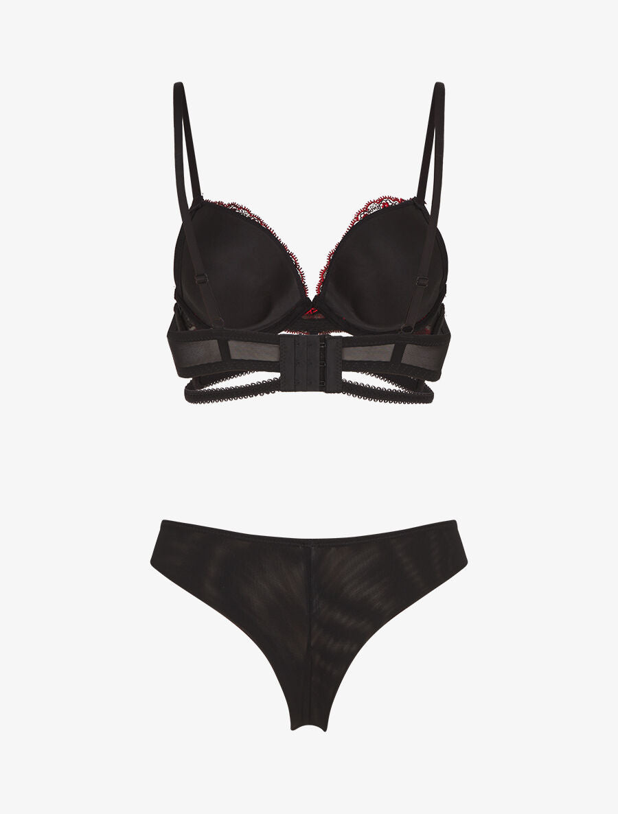 CARMEN | Ensemble soutien-gorge et tanga bicolore et bijoux strassé - Noir