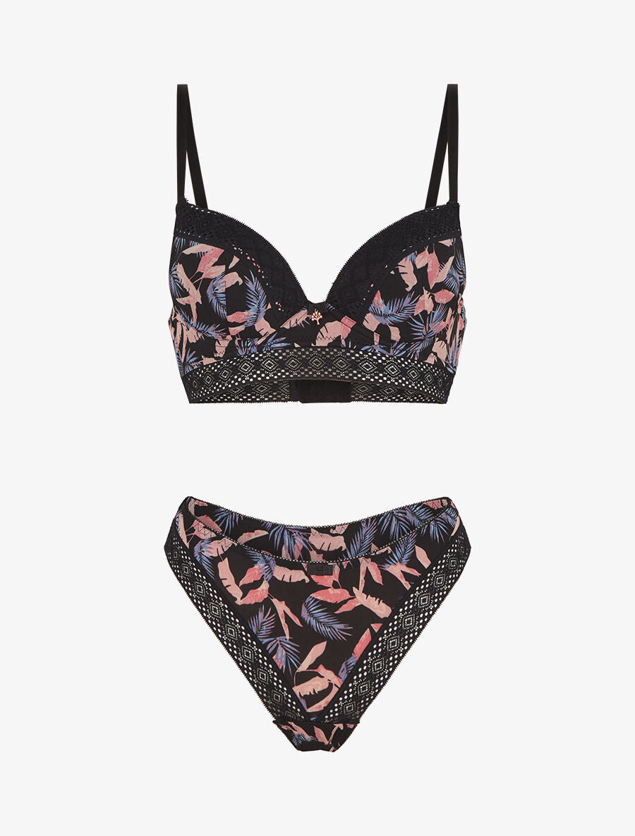 DOMITILLE | Ensemble soutien-gorge et tanga imprimé feuillage - Noir