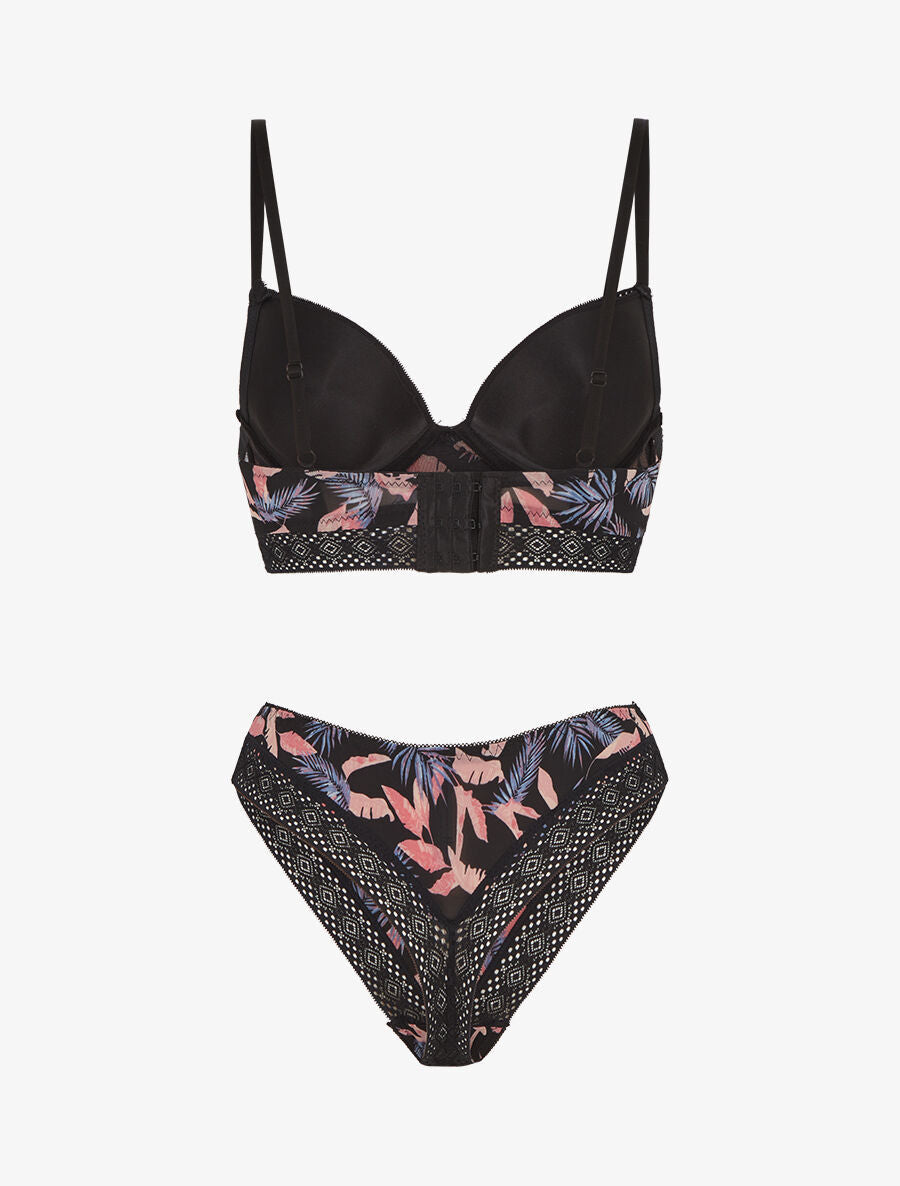 DOMITILLE | Ensemble soutien-gorge et tanga imprimé feuillage - Noir