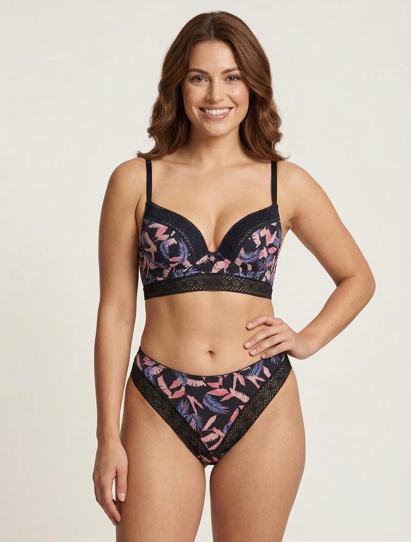 DOMITILLE | Ensemble soutien-gorge et tanga imprimé feuillage - Noir