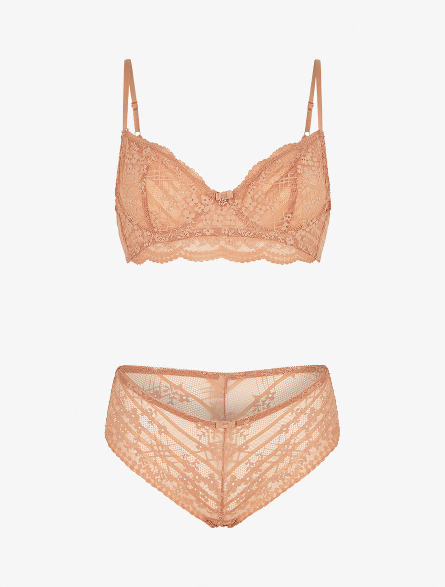 DELPHINE | Ensemble soutien-gorge et culotte à bijoux arbre strassé - Camel