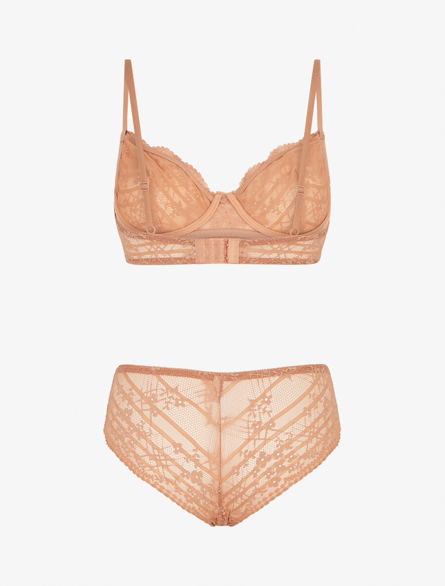 DELPHINE | Ensemble soutien-gorge et culotte à bijoux arbre strassé - Camel