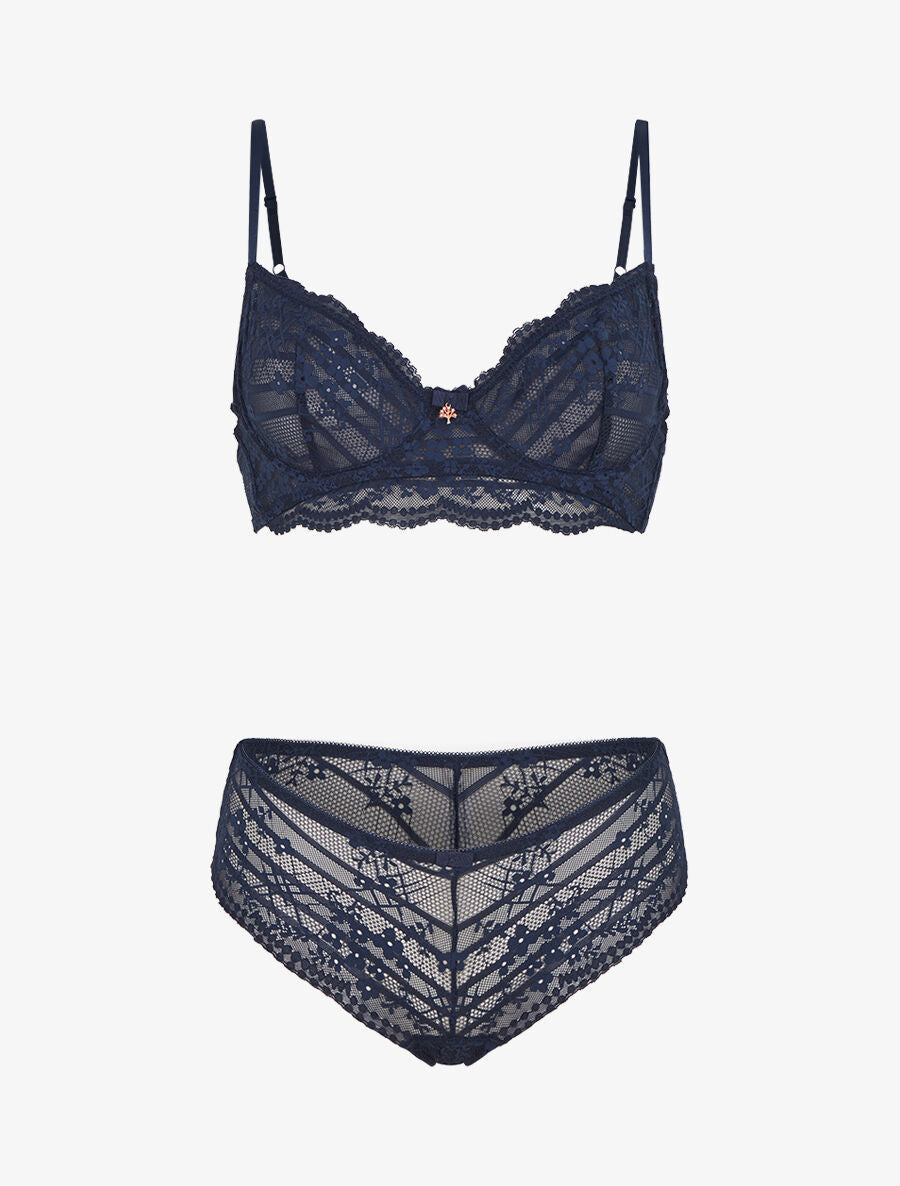 DELPHINE | Ensemble soutien-gorge et culotte à bijoux arbre strassé - Marine