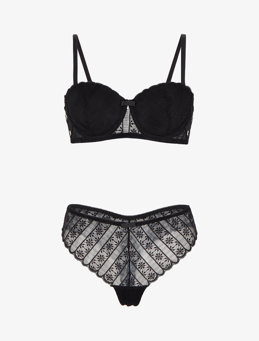 ÉLISE | Ensemble soutien-gorge et tanga ajouré en dentelle - Noir