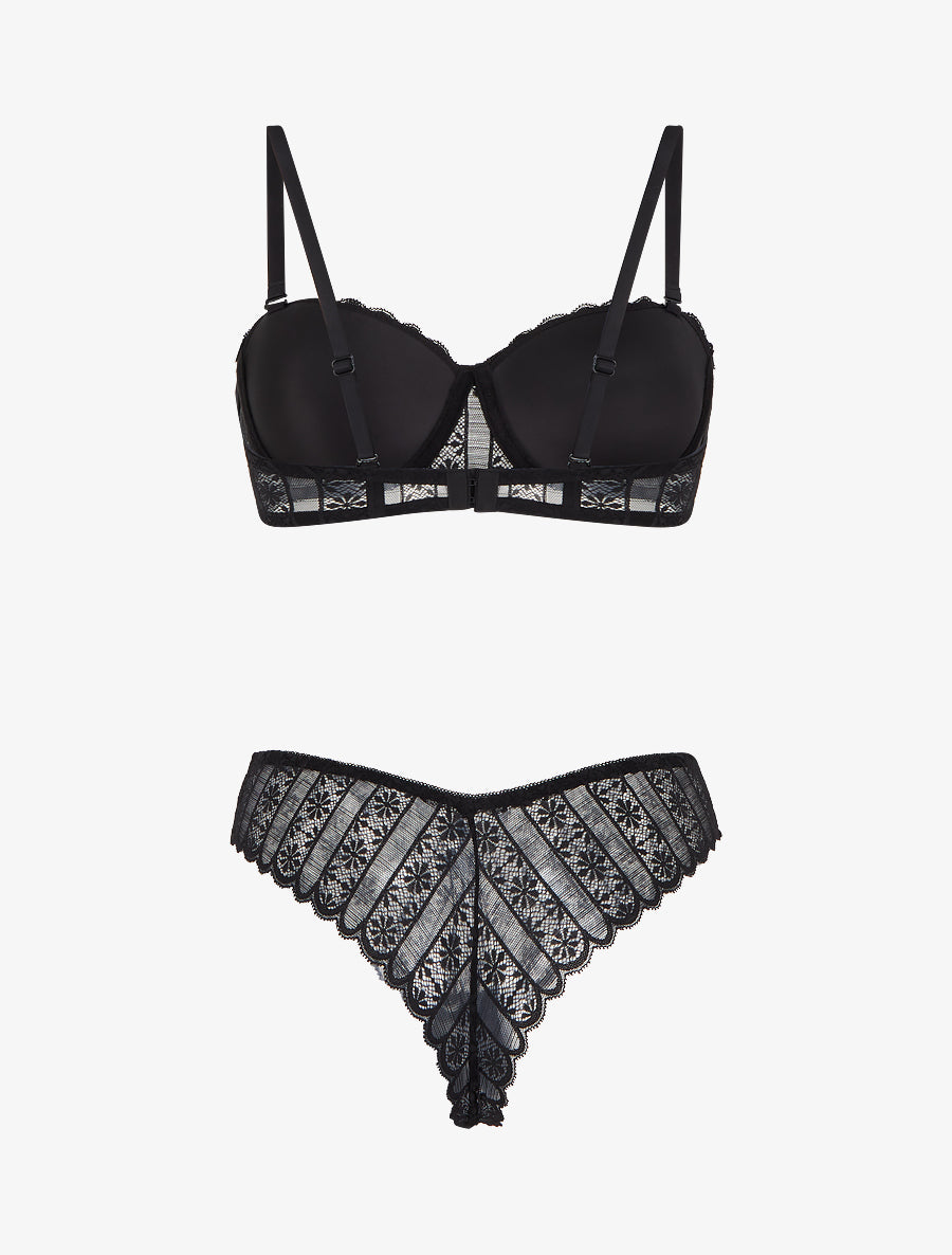 ÉLISE | Ensemble soutien-gorge et tanga ajouré en dentelle - Noir