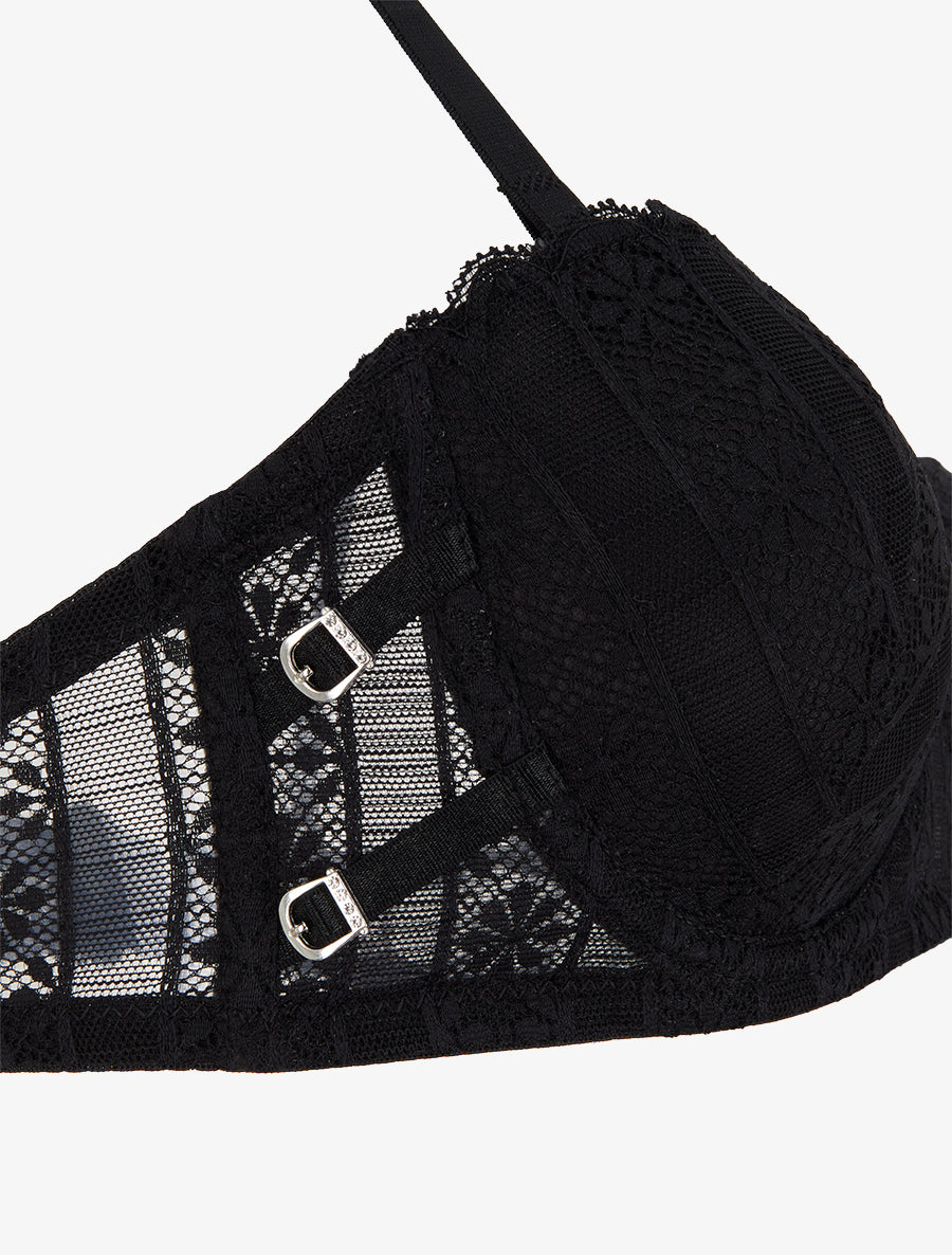 ÉLISE | Ensemble soutien-gorge et tanga ajouré en dentelle - Noir