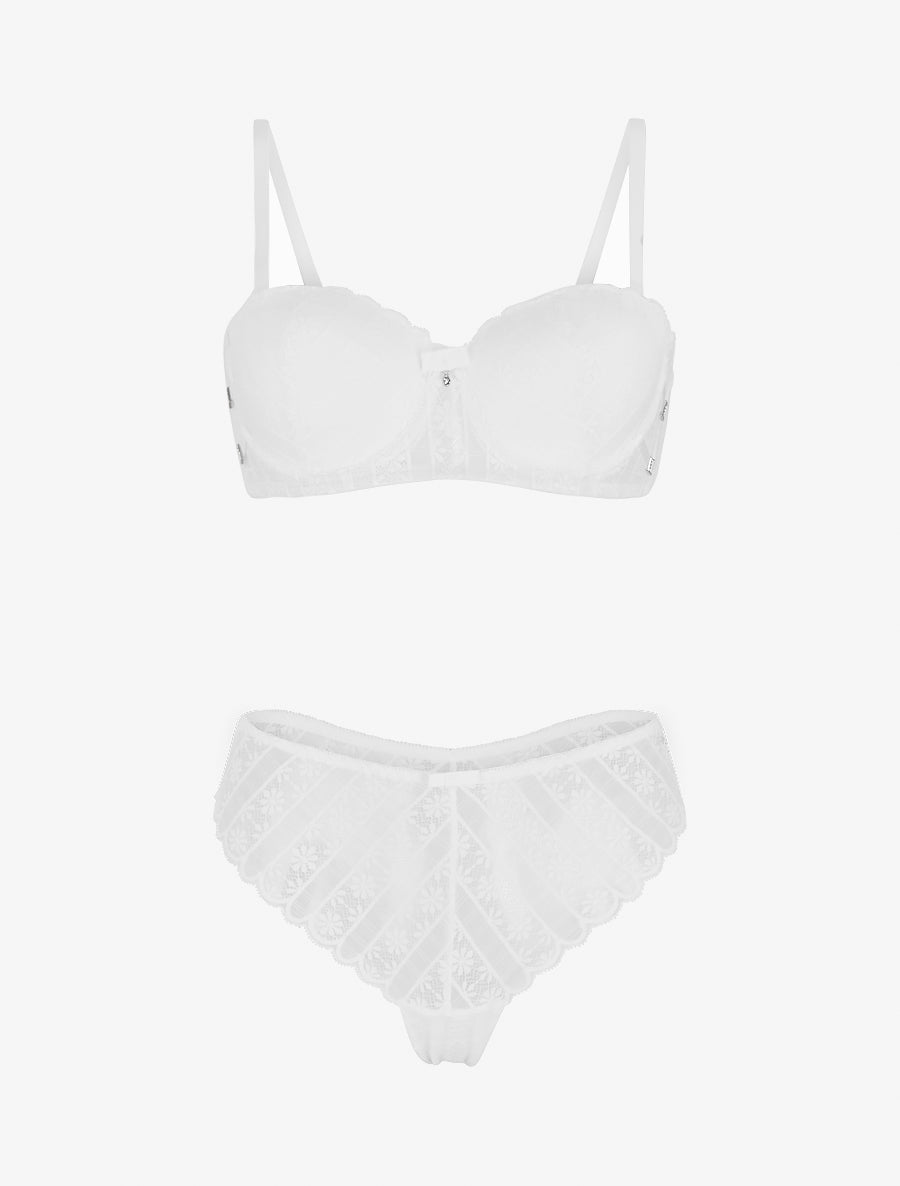 ÉLISE | Ensemble soutien-gorge et tanga ajouré en dentelle - Blanc