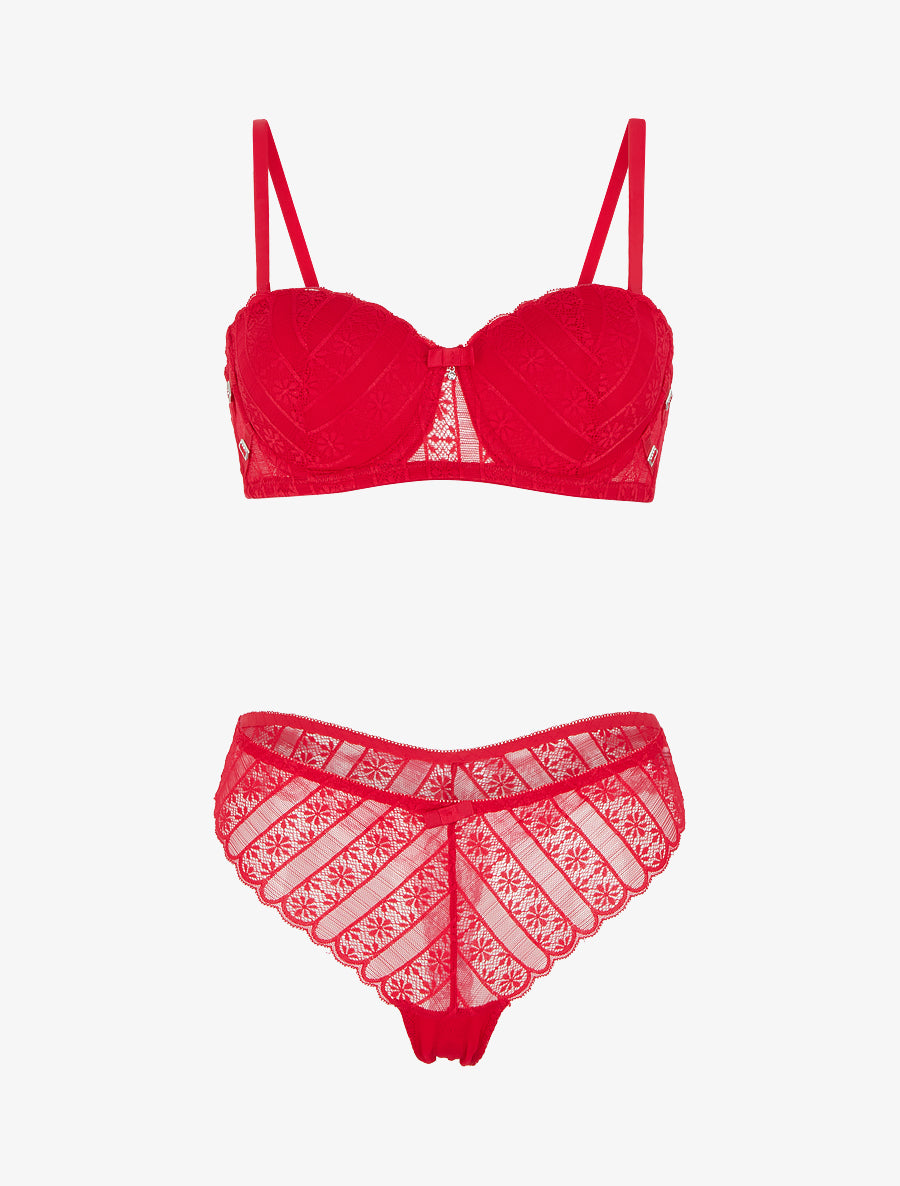 ÉLISE | Ensemble soutien-gorge et tanga ajouré en dentelle - Rouge