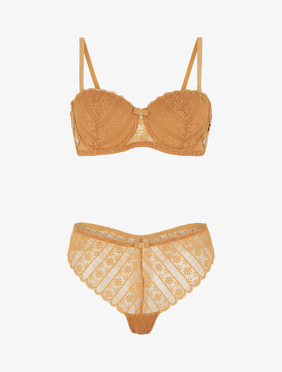 ÉLISE | Ensemble soutien-gorge et tanga ajouré en dentelle - Camel