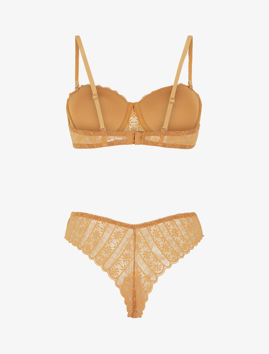 ÉLISE | Ensemble soutien-gorge et tanga ajouré en dentelle - Camel