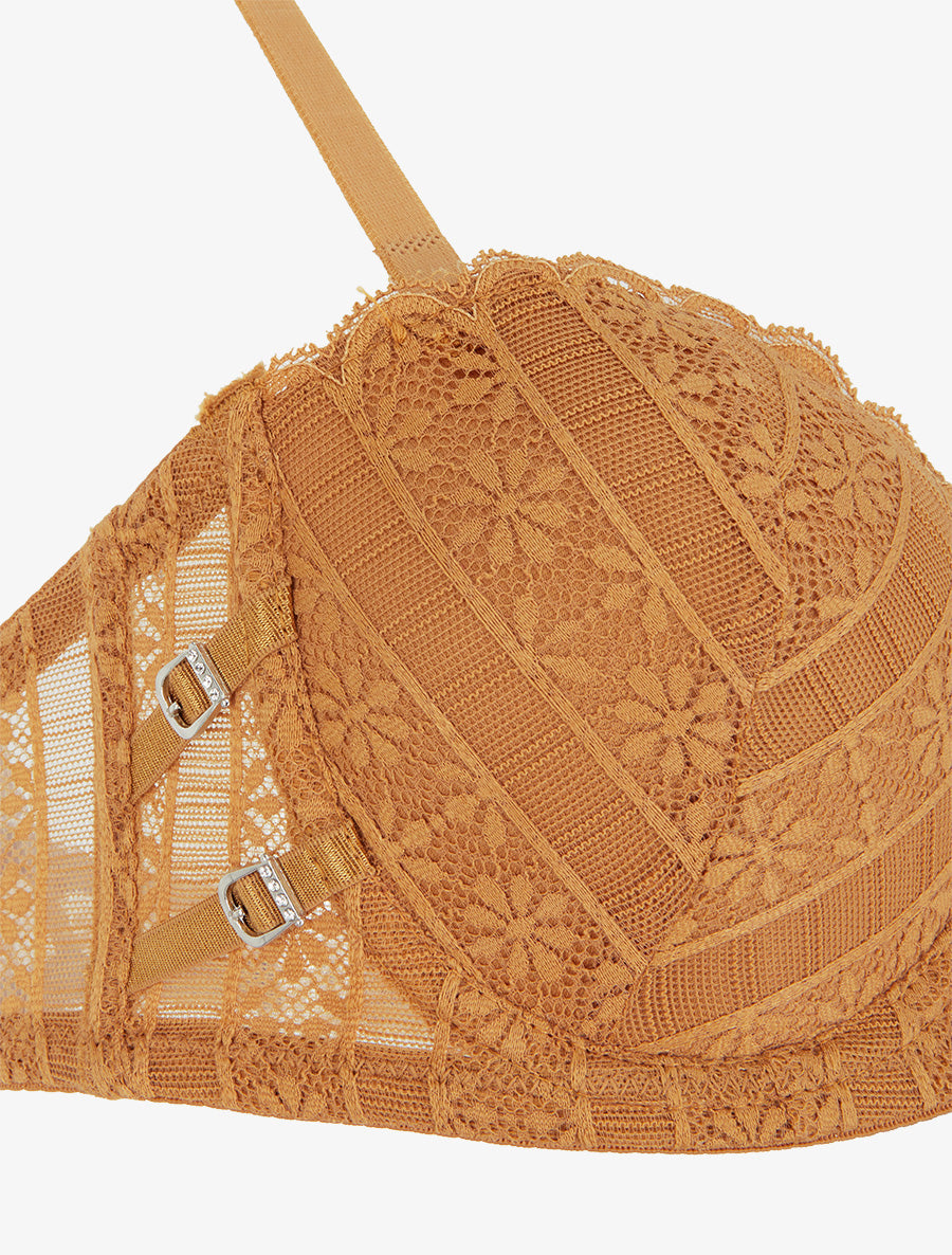 ÉLISE | Ensemble soutien-gorge et tanga ajouré en dentelle - Camel