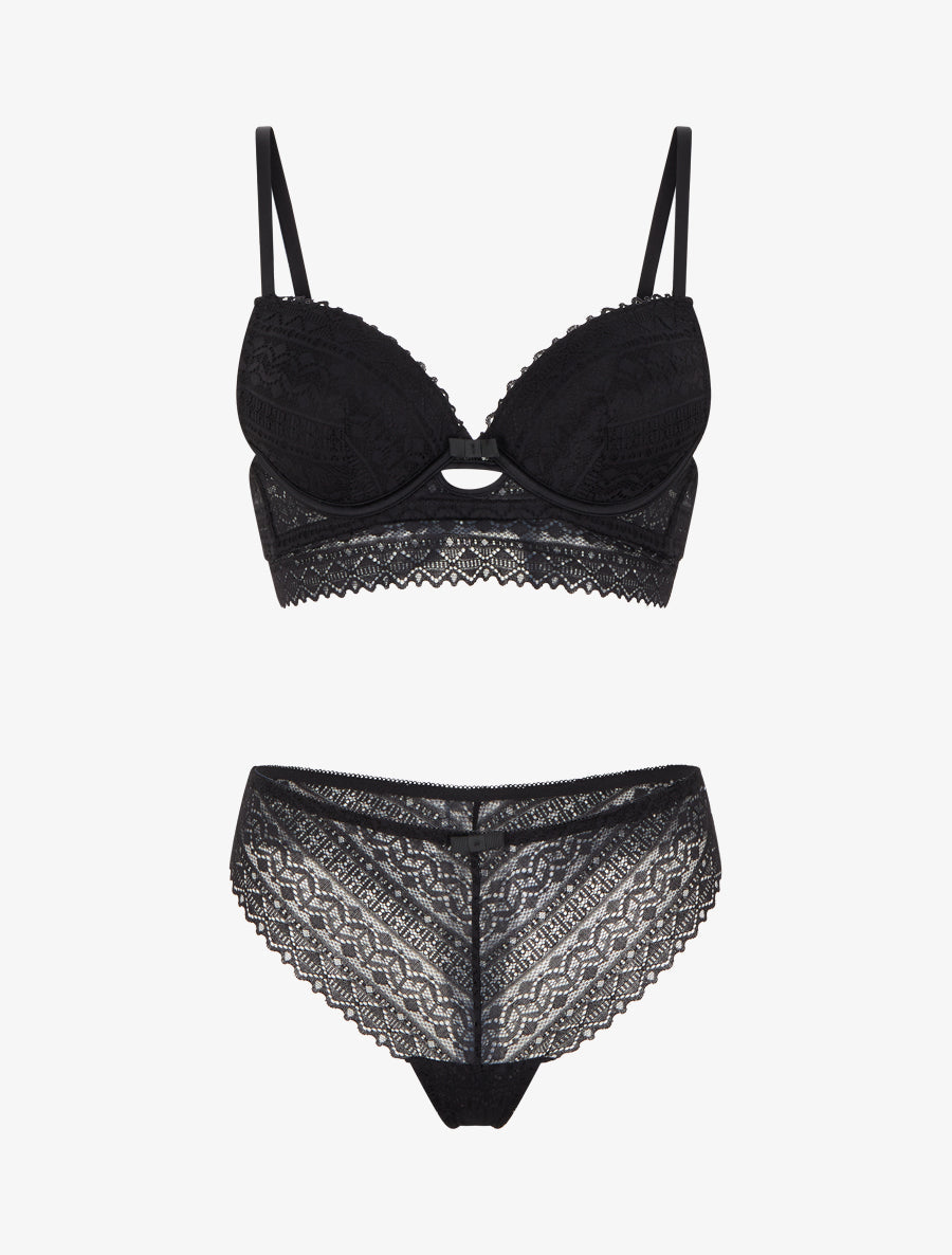 EMMA | Ensemble soutien-gorge avec nœuds et tanga ajouré en dentelle - Noir