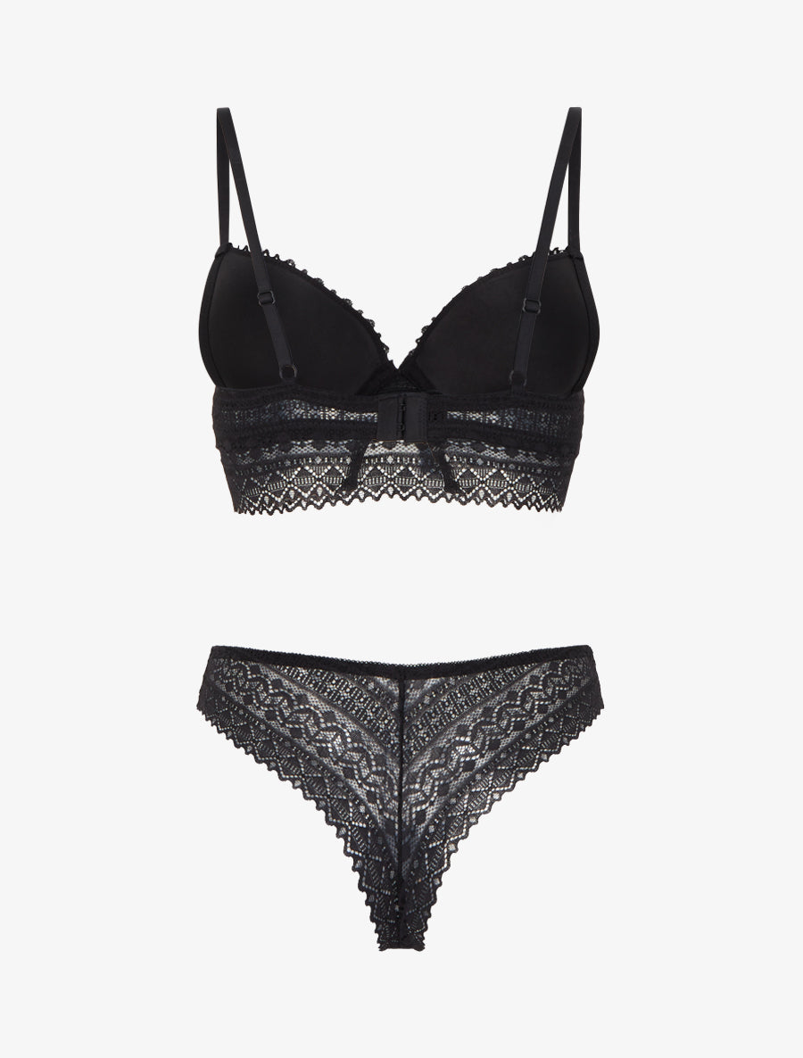EMMA | Ensemble soutien-gorge avec nœuds et tanga ajouré en dentelle - Noir