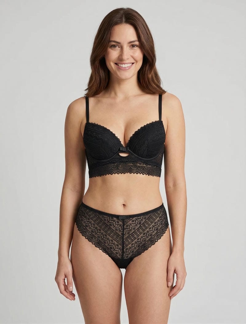 EMMA | Ensemble soutien-gorge avec nœuds et tanga ajouré en dentelle - Noir