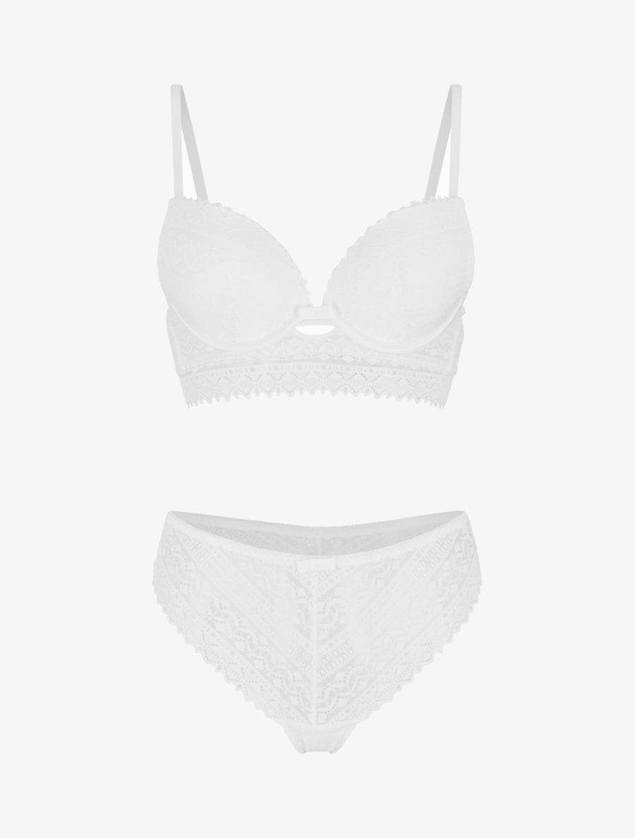 EMMA | Ensemble soutien-gorge avec nœuds et tanga ajouré en dentelle - Blanc