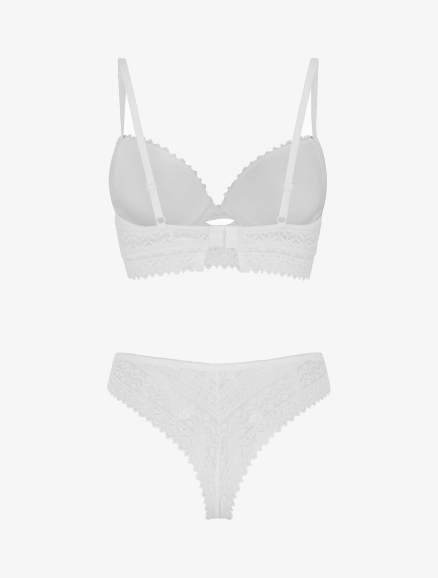EMMA | Ensemble soutien-gorge avec nœuds et tanga ajouré en dentelle - Blanc